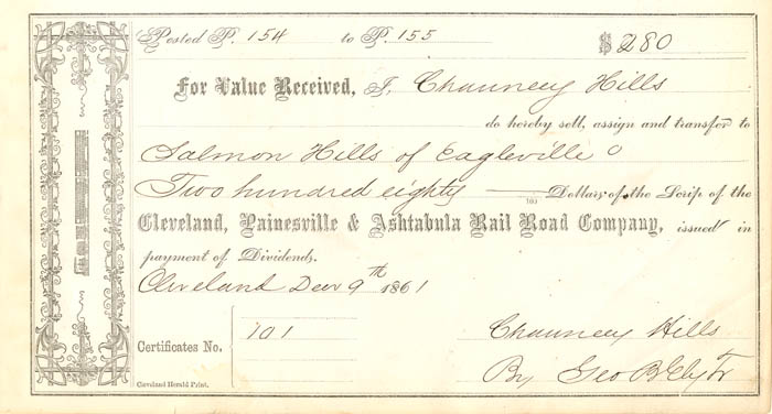 Cleveland, Painesville and Ashtabula Rail Road Co. - Railway Payment Receipt